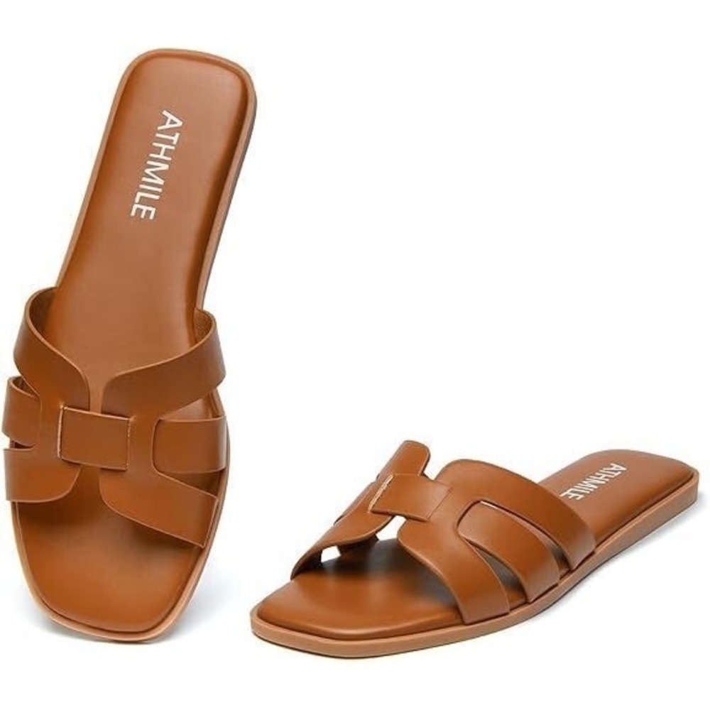 Athmile Dressy Flat Beach Casual Summer Slip-on Sandals - Brown - Size 8